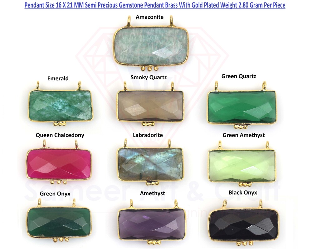 Natural Gemstone Pendant Rectangle Shape Brass With Gold plated