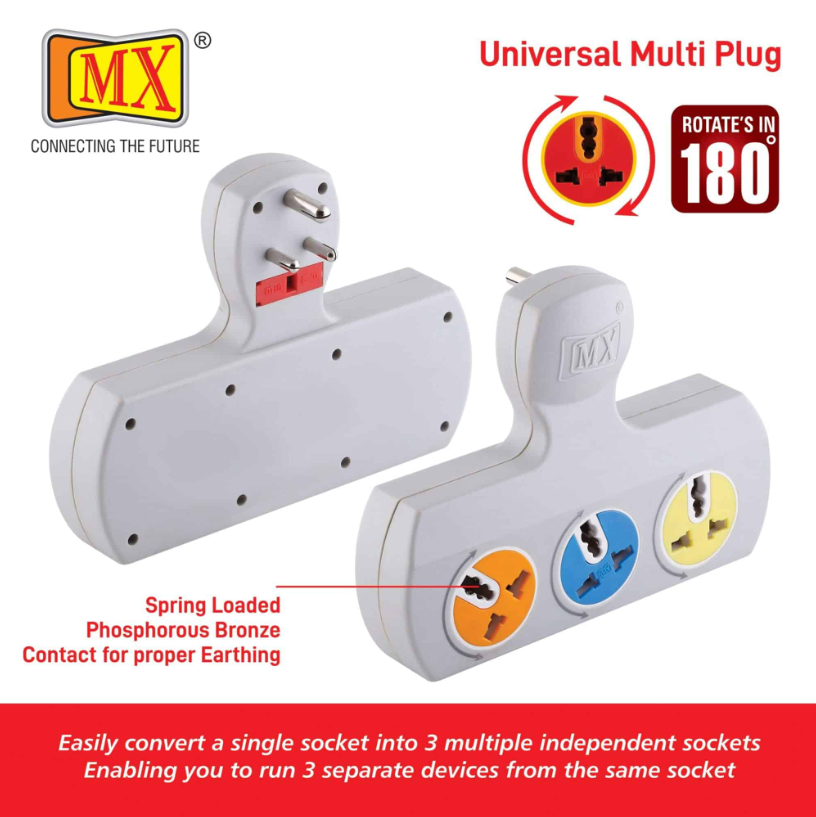 Mx 3-pin 3-socket Universal Adaptor, 5 Amp, With Rotatable Sockets - Material: Copper Cable