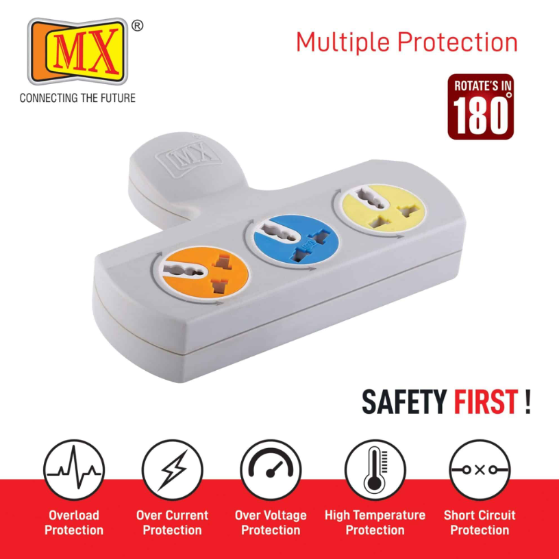 Mx 3-pin 3-socket Universal Adaptor, 5 Amp, With Rotatable Sockets - Material: Copper Cable