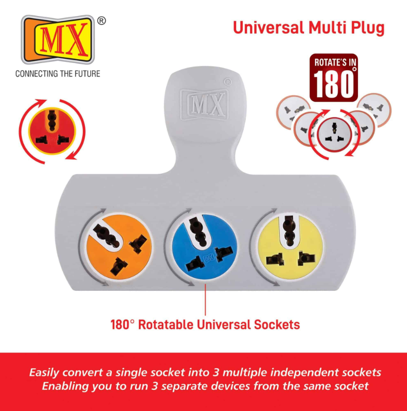 Mx 3-pin 3-socket Universal Adaptor, 5 Amp, With Rotatable Sockets - Material: Copper Cable