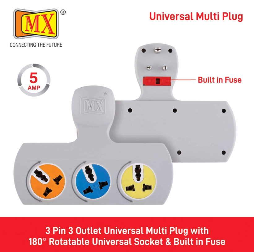 Mx 3-pin 3-socket Universal Adaptor, 5 Amp, With Rotatable Sockets - Material: Copper Cable