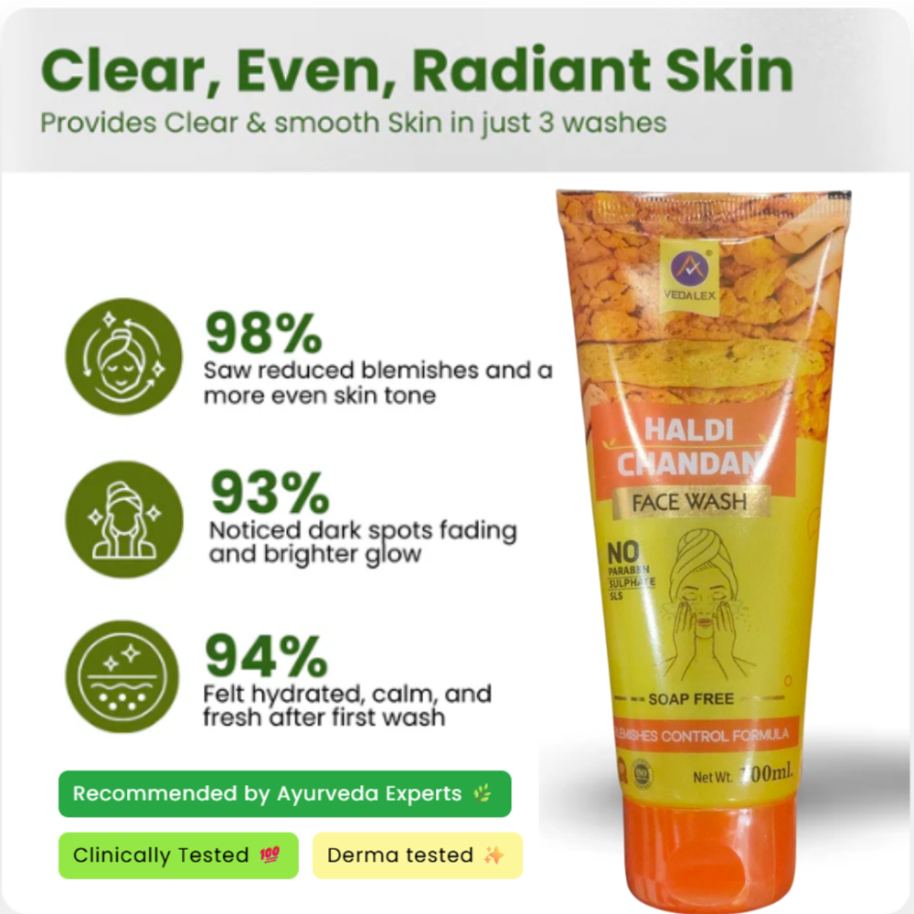 Vedalex Herbal Haldi Chandan Facewash | Ayurvedic Turmeric & Sandalwood Cleanser | Tan Removal Face wash| Anti-Blemish, De-Pigmentation & Detan face wash| Chemical-Free | 100 ml (Pack of 1)