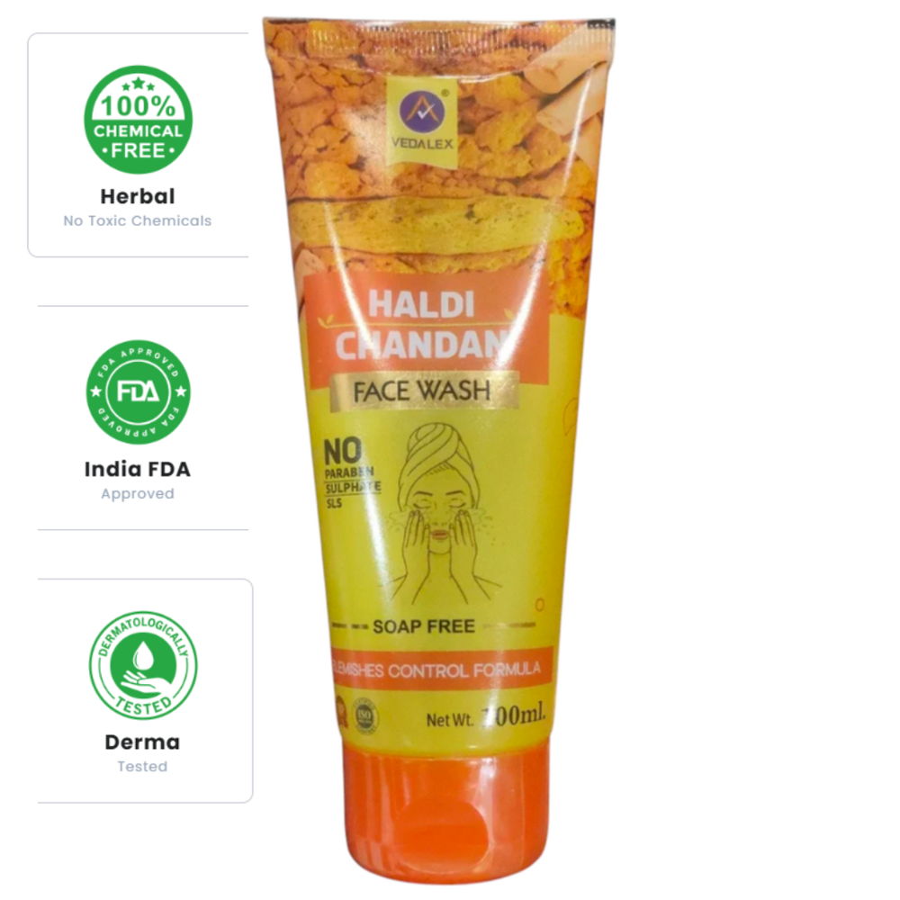 Vedalex Herbal Haldi Chandan Facewash | Ayurvedic Turmeric & Sandalwood Cleanser | Tan Removal Face wash| Anti-Blemish, De-Pigmentation & Detan face wash| Chemical-Free | 100 ml (Pack of 1)