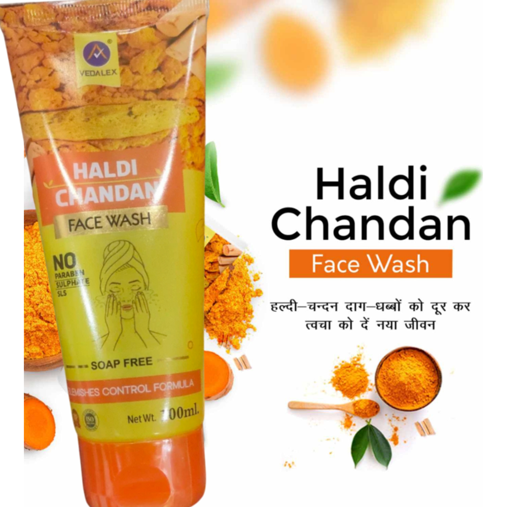 Vedalex Herbal Haldi Chandan Facewash | Ayurvedic Turmeric & Sandalwood Cleanser | Tan Removal Face wash| Anti-Blemish, De-Pigmentation & Detan face wash| Chemical-Free | 100 ml (Pack of 1)