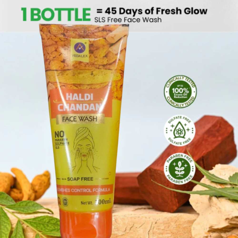 Vedalex Herbal Haldi Chandan Facewash | Ayurvedic Turmeric & Sandalwood Cleanser | Tan Removal Face wash| Anti-Blemish, De-Pigmentation & Detan face wash| Chemical-Free | 100 ml (Pack of 1)