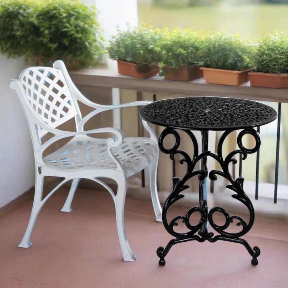 Vela Small Flower Aluminium Table With 1 Armchair - Color: Black