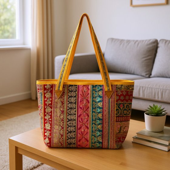 Traditonal Jardoshi Work Tote Bag - Color: Multicolor