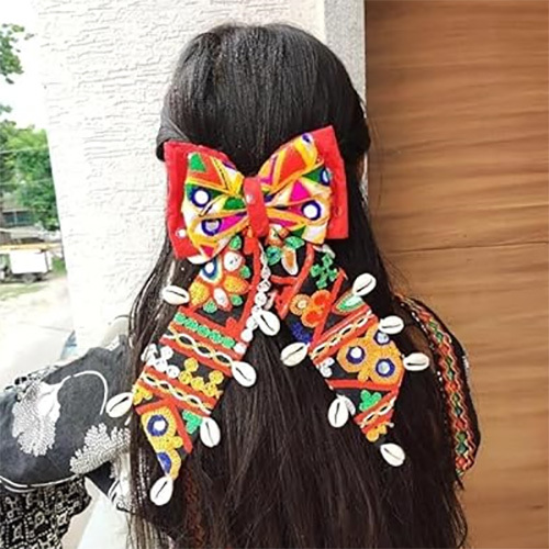 Multicolor Kutchi Lace Bow Tie Hair Band With Shell Clip - Design: Trendy