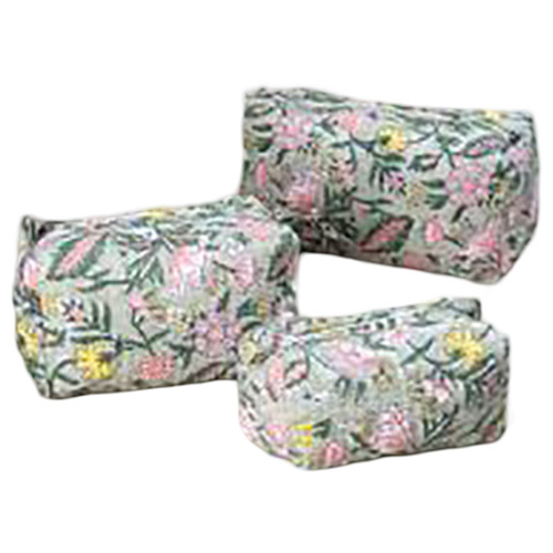 Floral Design Cotton Quilted Toiletry Pouch - Color: Blue