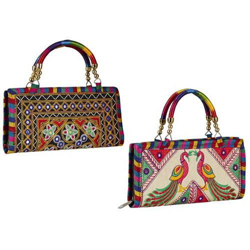 Handle Clutch Indian Ethnic Embroidery Work Jaipuri Clutch Bag - Color: Multicolor