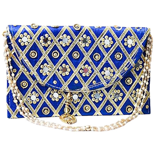 Mirror Work Traditional Ladies Clutch Hand Purse With Handle - Color: Multicolor