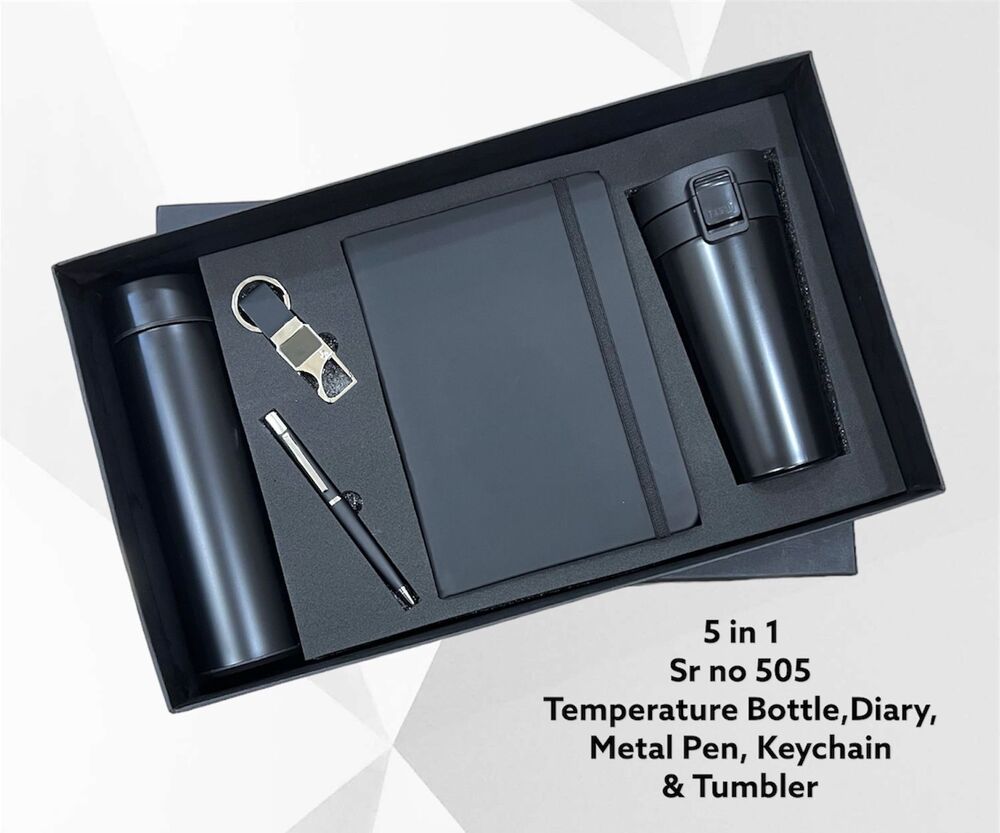 5 In 1 Executive Set- Diary Pen Temperature Bottle Keychain And Tumbler - Color: Black