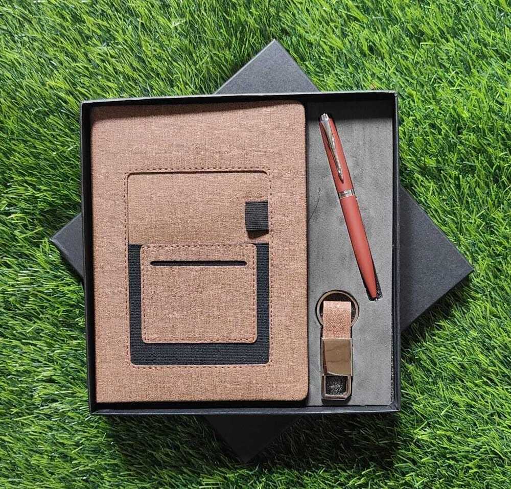 Fabric Finish 3 In 1 Set- Diary, Pen And Keychain - Color: Brown
