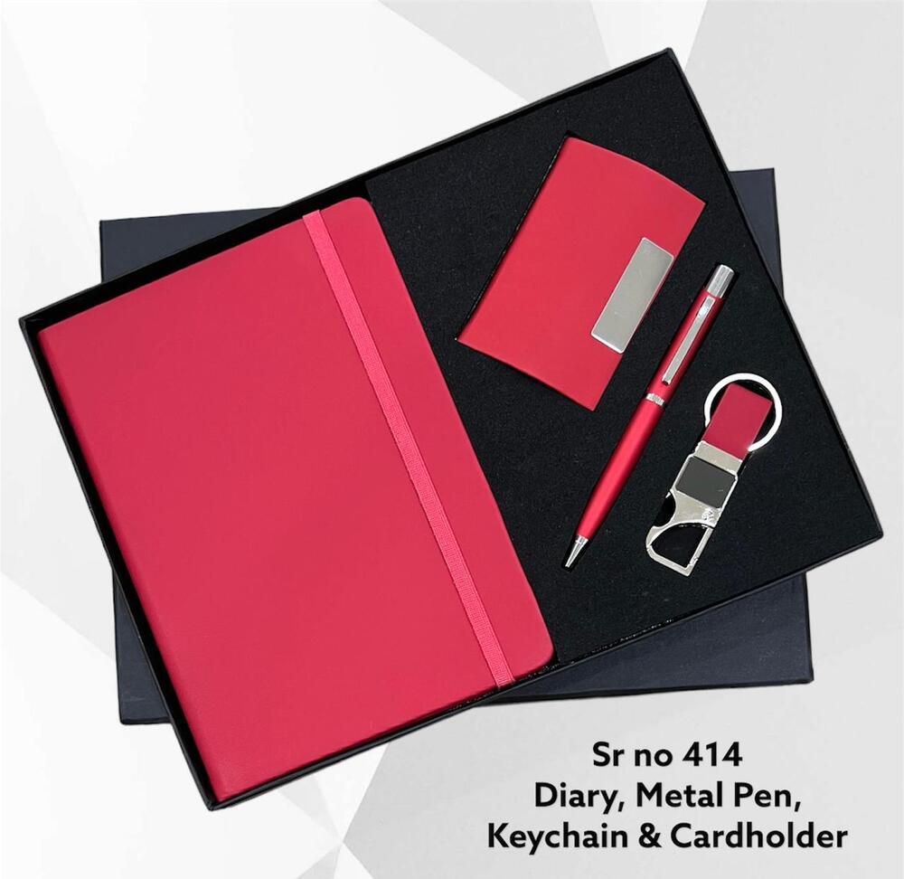 4 In 1 Set- Diary, Pen, Cardholder And Keychain - Color: Red