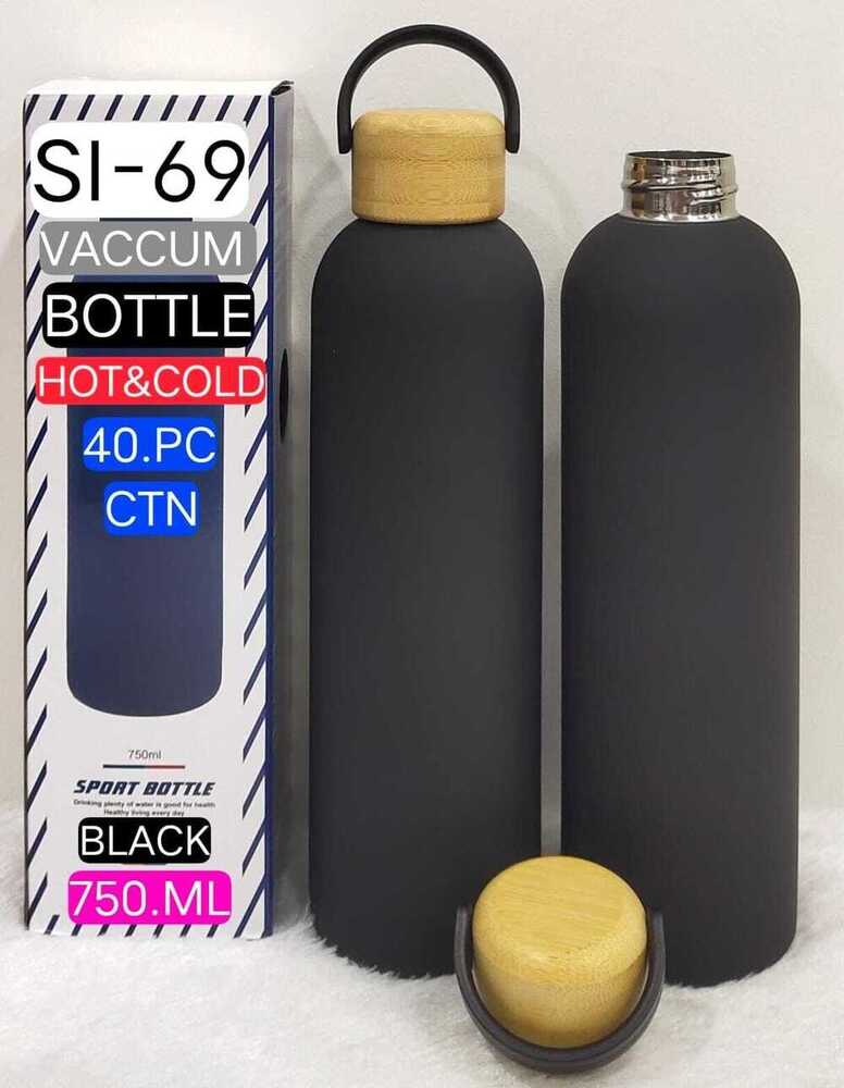 Black Stainless Steel Insulated Water Bottle With Wooden Lid - Features: Leak Proof