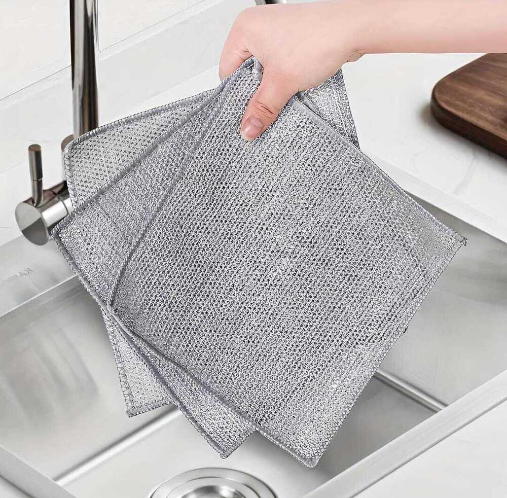Silver Steel Wire Double Layer Dish Cleaning Cloth Pack Of 8