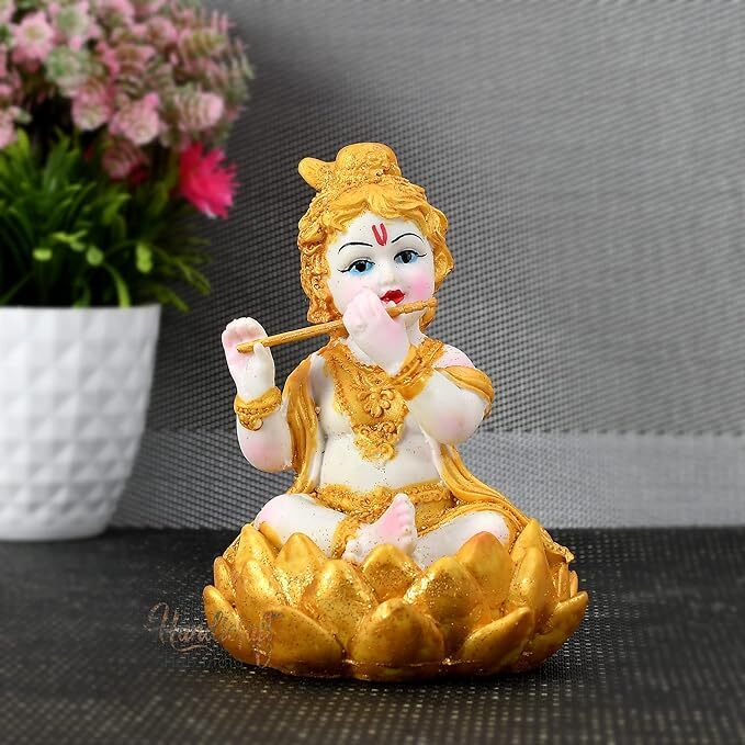 White Polyresin Little Golden Krishna Statue