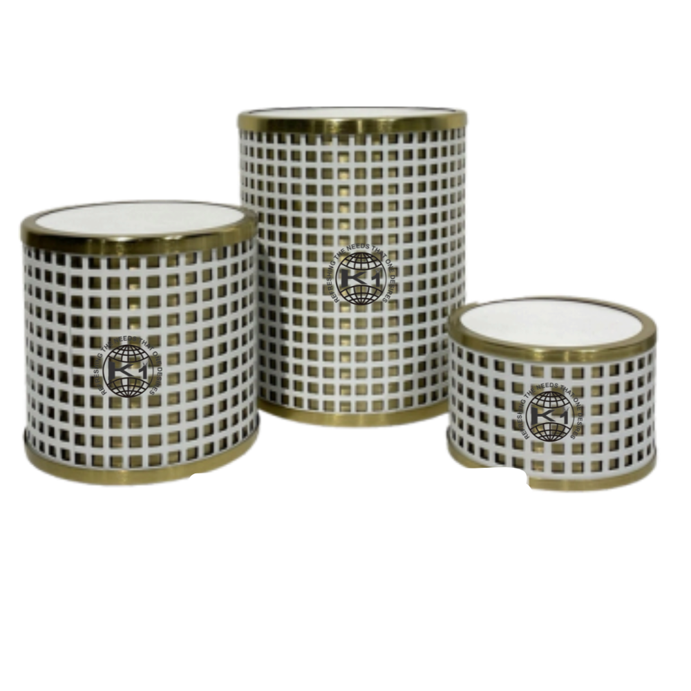 Set of Stainless Steel Catering Risers With a White Finish And Brass-Colored 