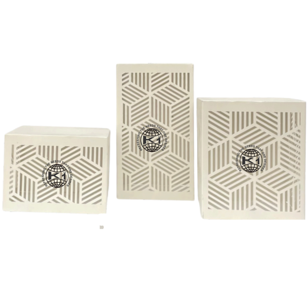 Set of Stainless Steel Catering Risers With a White Finish And Brass-Colored 