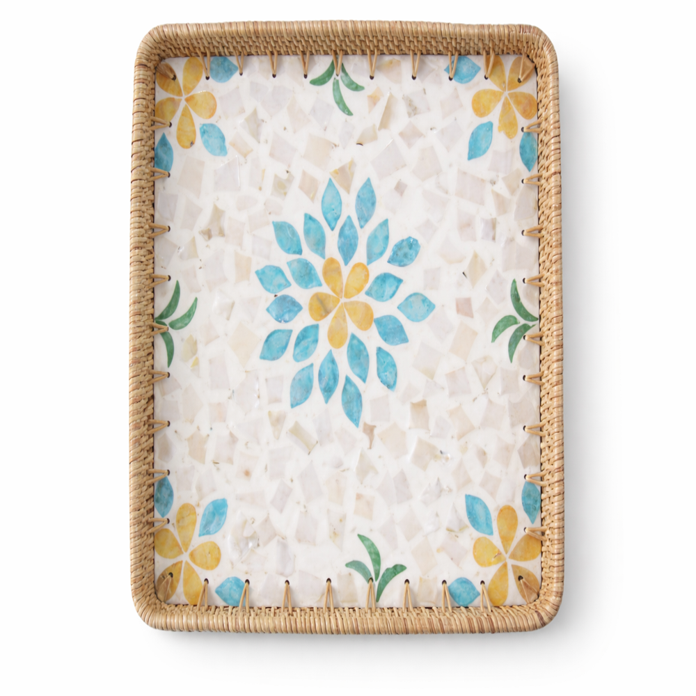 Blue Floral Square Seashell Cane Tray - Color: Golden