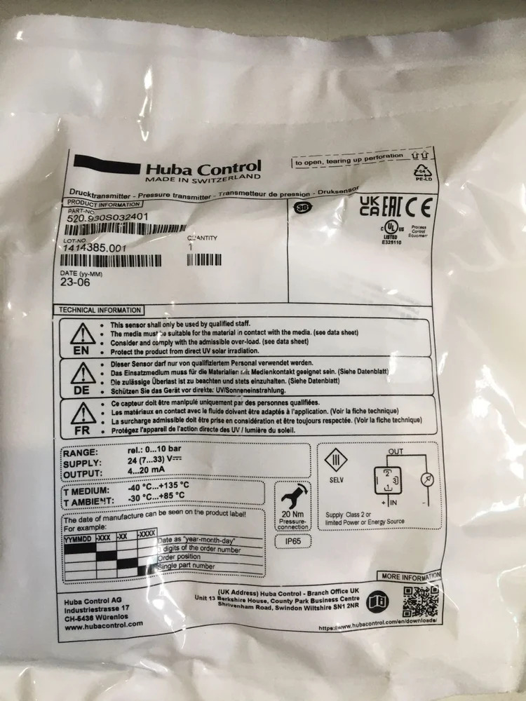 HUBA* SWITZERLAND Pressure Transmitter Part No 520.930S032401 Range 0-10 Bar