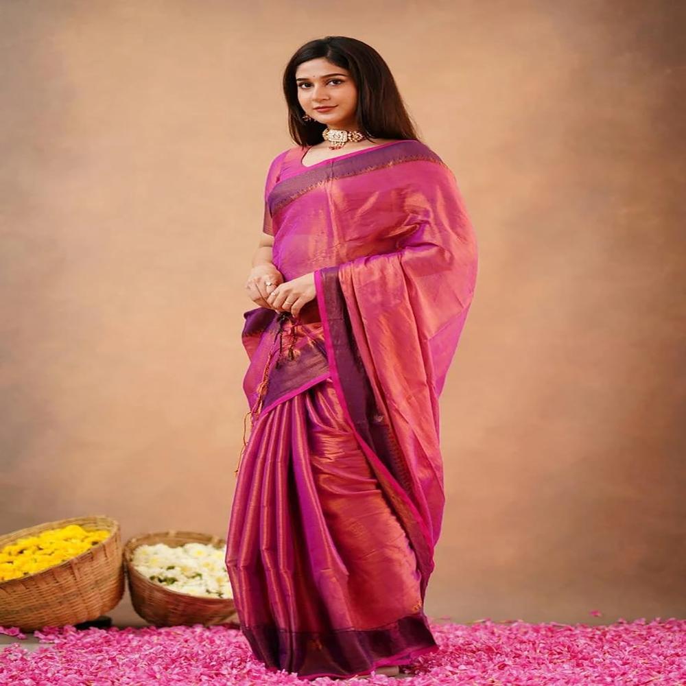 Redish Purple Terchi Border Tissue Saree