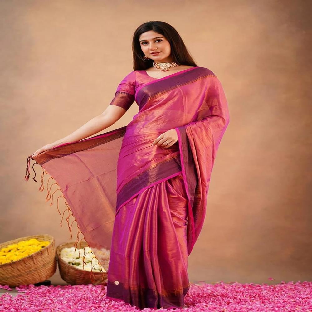 Redish Purple Terchi Border Tissue Saree