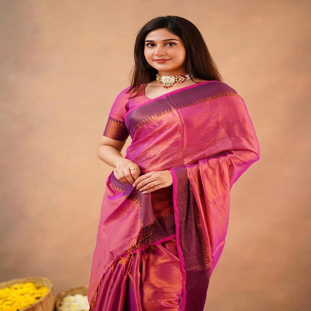 Redish Purple Terchi Border Tissue Saree
