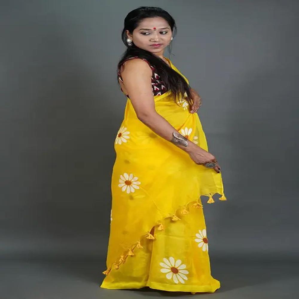 Yellow Color Sunflower Printed Saree