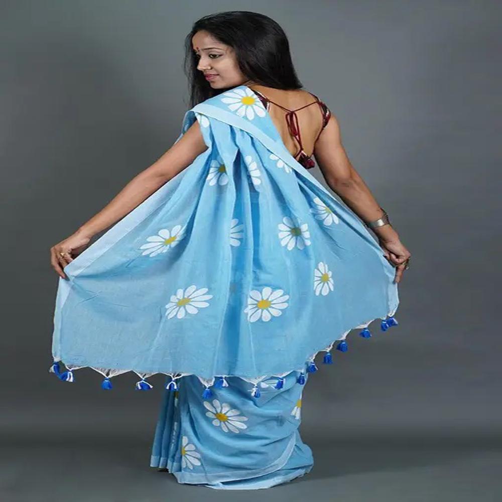 Sky Blue Color Sunflower Printed Saree