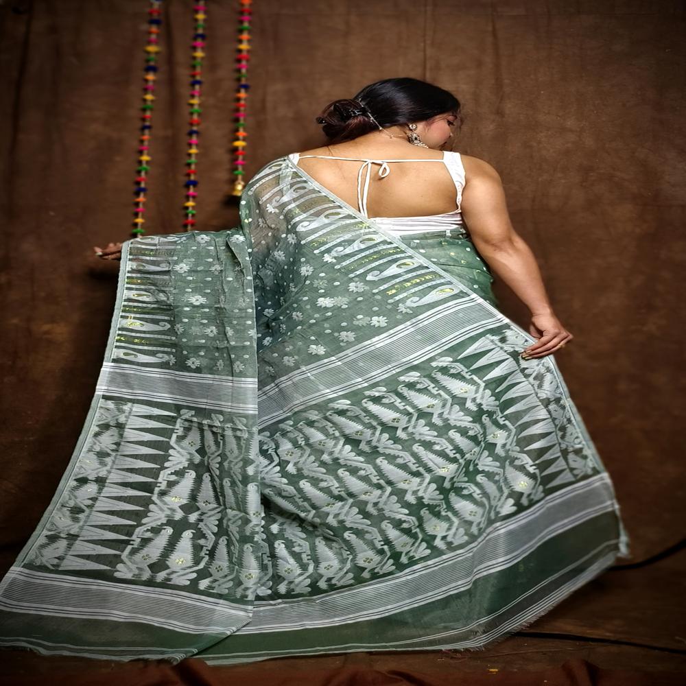 Greyish Green Color Soft Jamdani Korat Design Saree