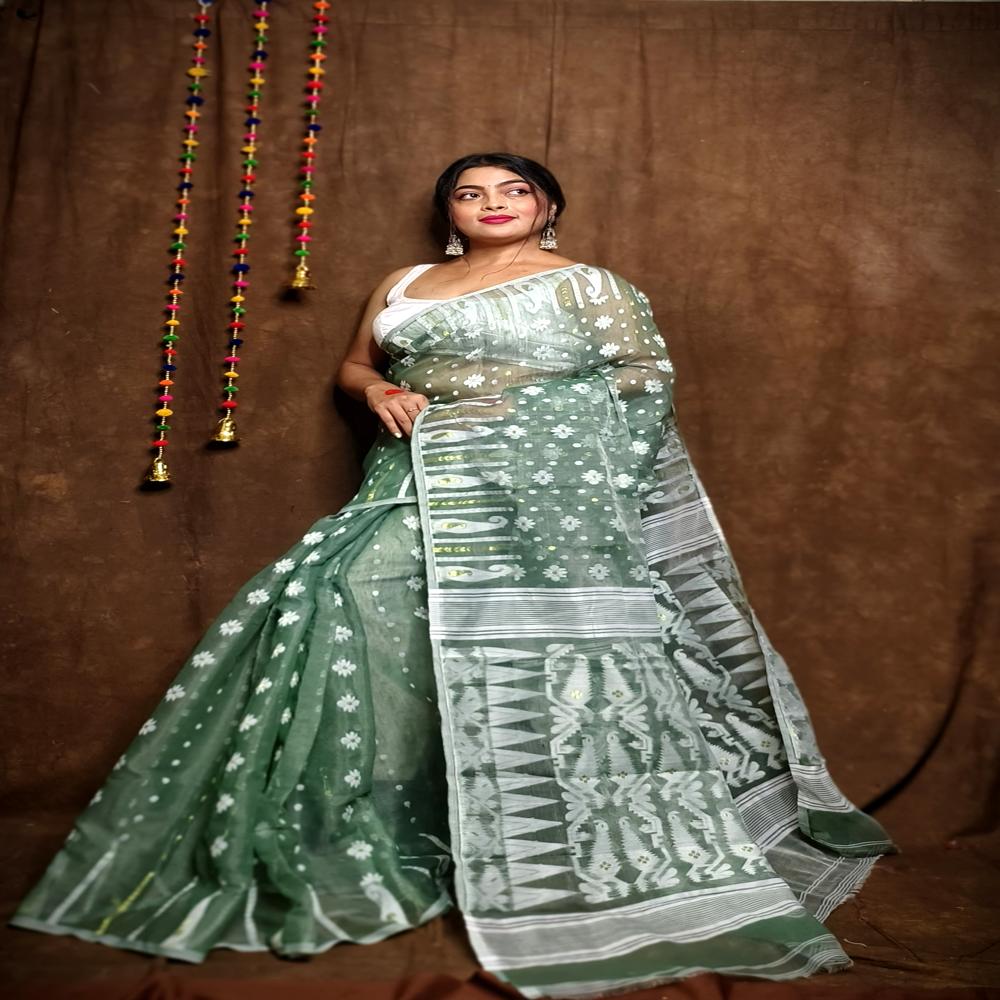 Greyish Green Color Soft Jamdani Korat Design Saree