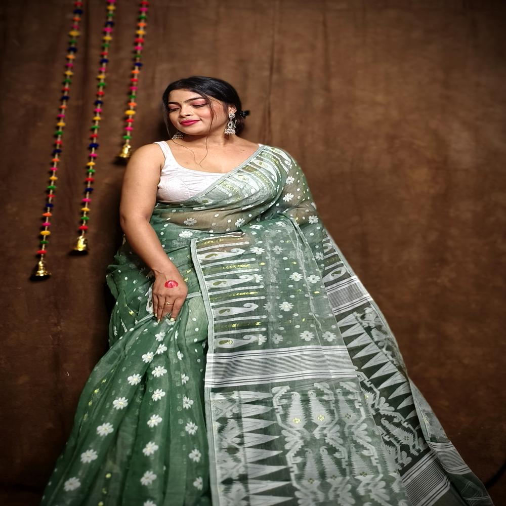 Greyish Green Color Soft Jamdani Korat Design Saree