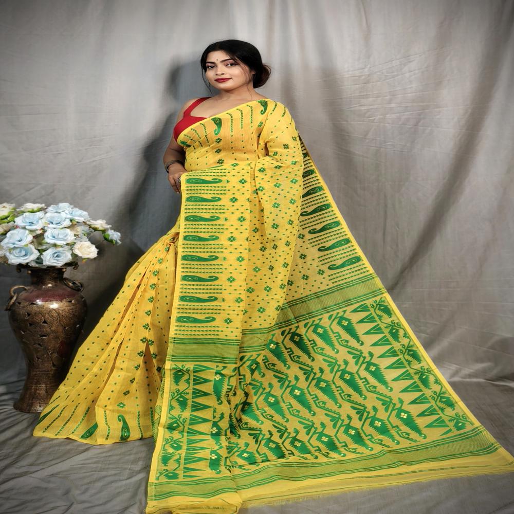 Yellow Green Color Soft Jamdani Korat Design Saree