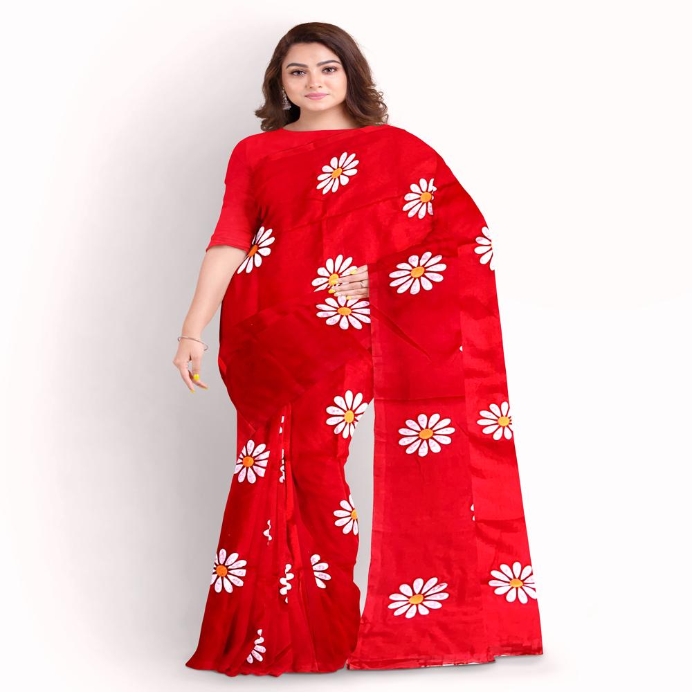 Red Color Sunflower Printed Saree