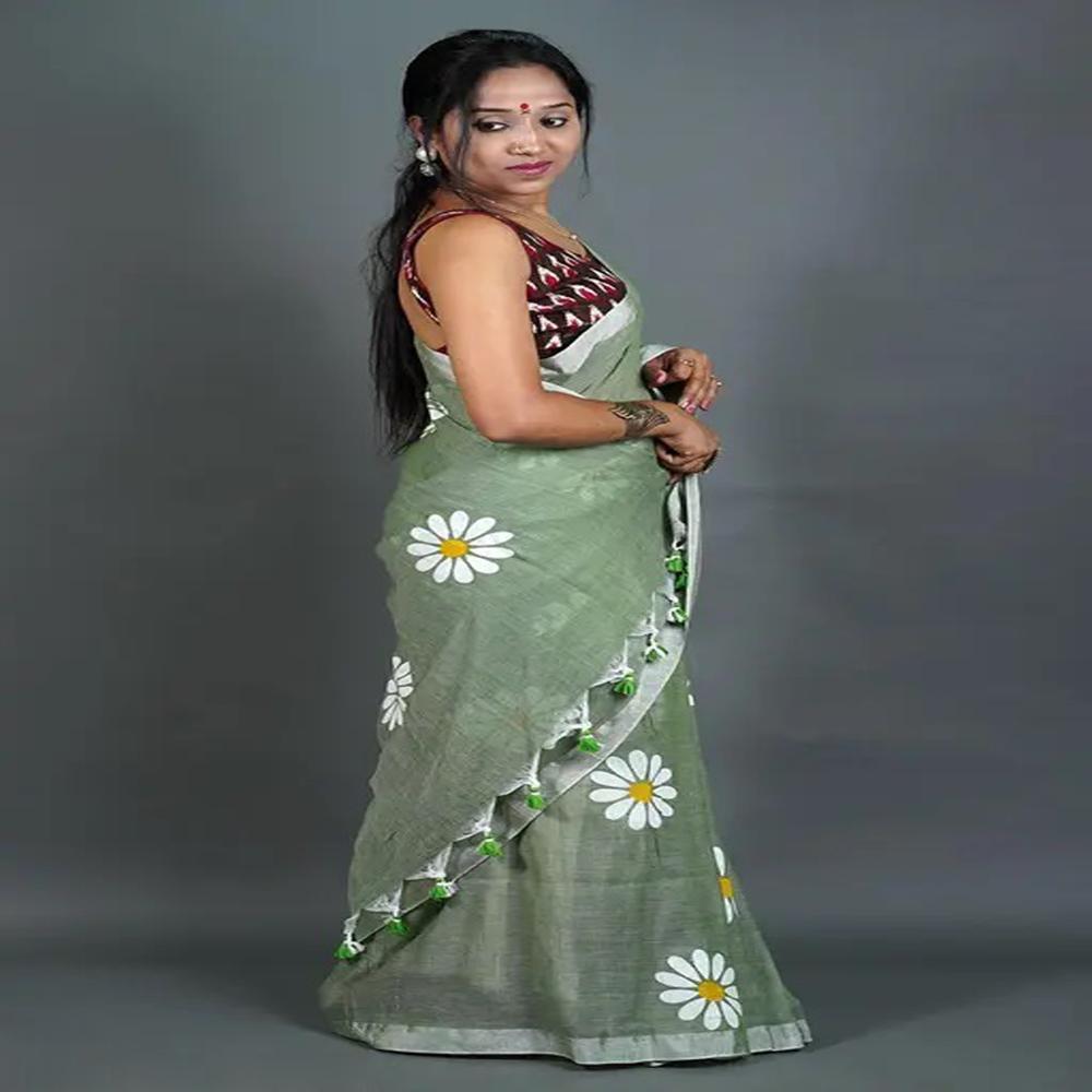 Mint Green Color Sunflower Printed Saree