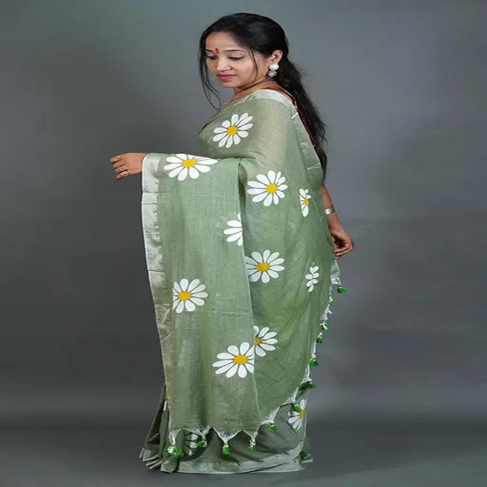 Mint Green Color Sunflower Printed Saree