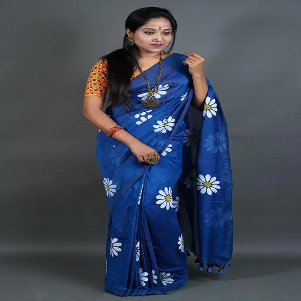 Blue Color Sunflower Printed Saree