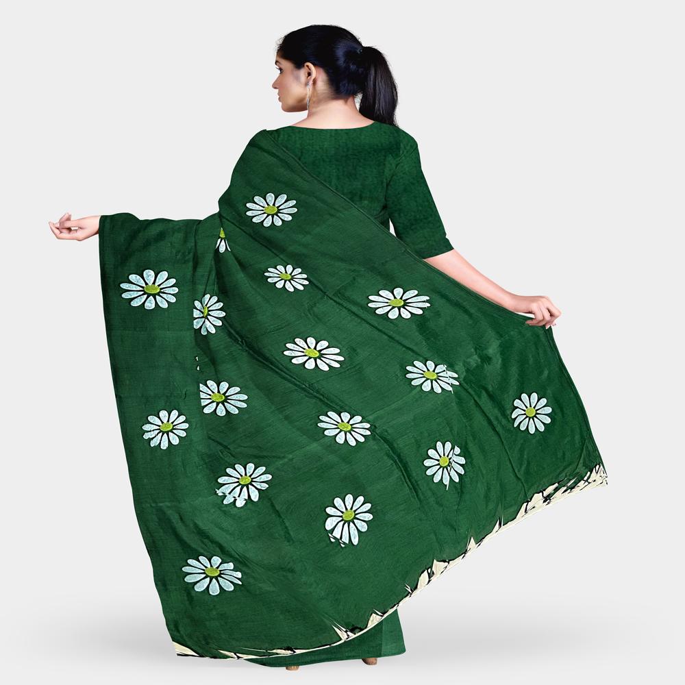 Bottle Green Color Sunflower Printed Saree