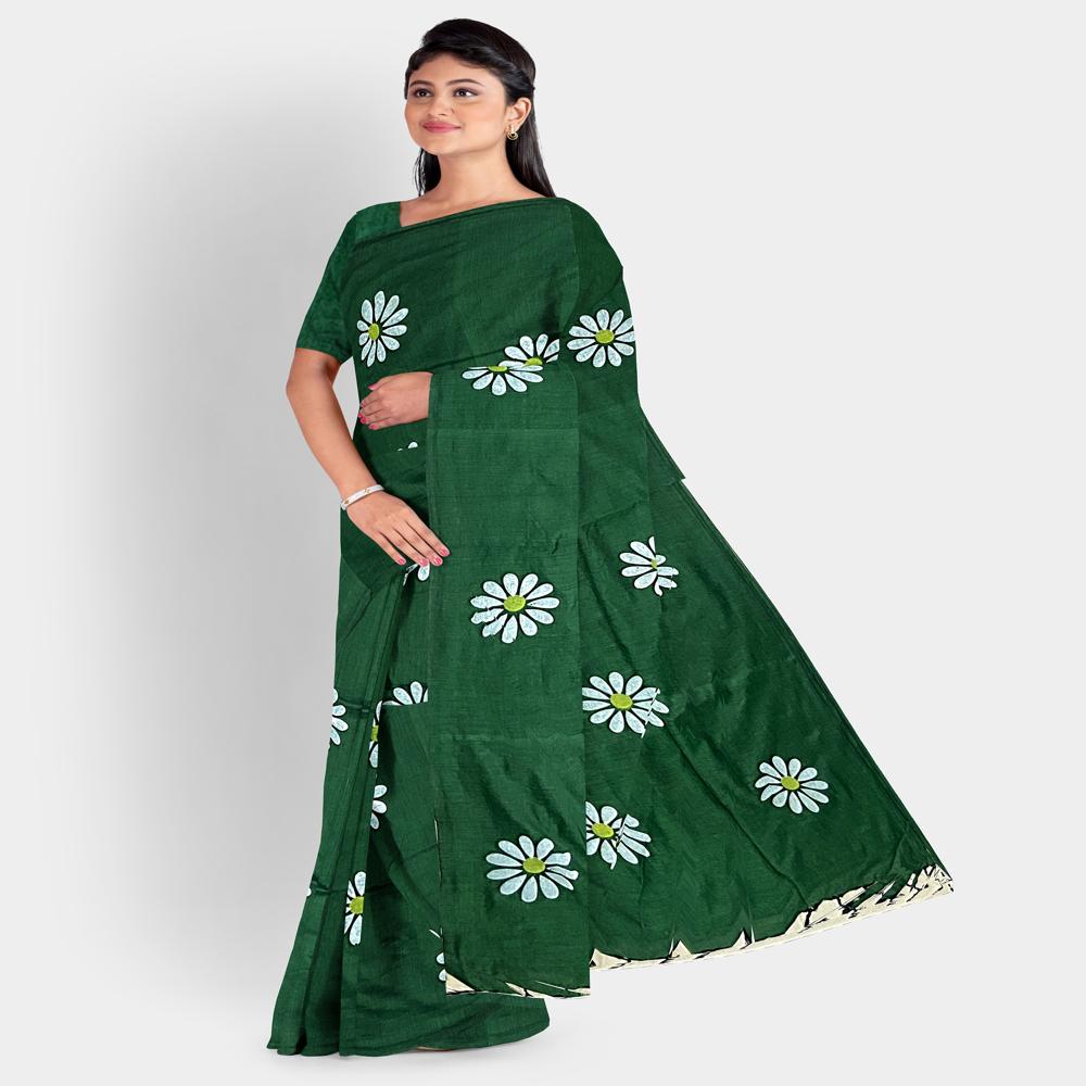 Bottle Green Color Sunflower Printed Saree