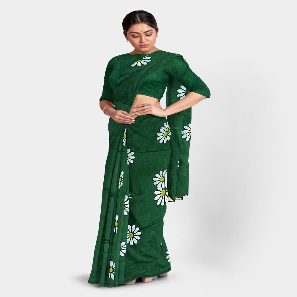 Bottle Green Color Sunflower Printed Saree