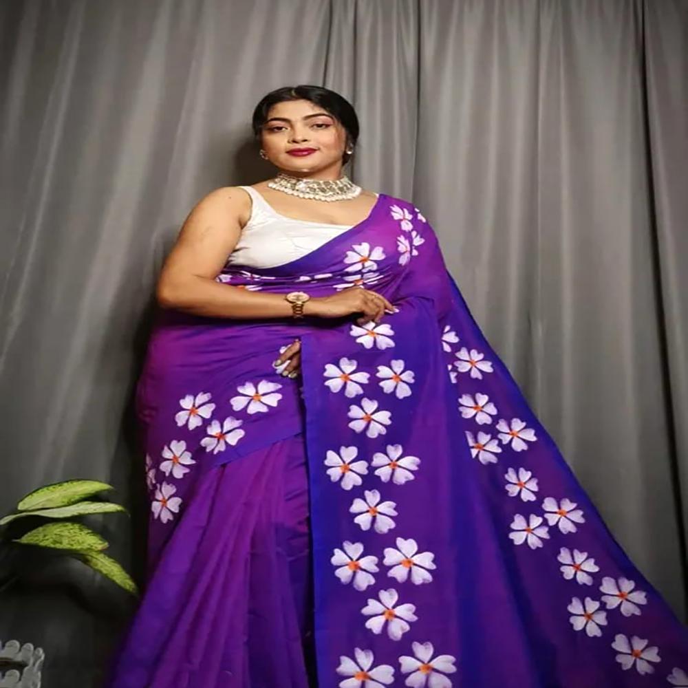 Purple Color Shiuli Printed Saree - Color: Different Available