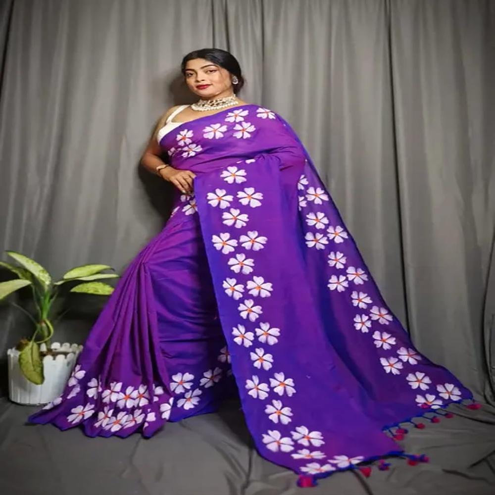 Purple Color Shiuli Printed Saree - Color: Different Available