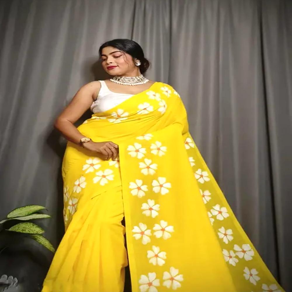 Yellow Color Shiuli Printed Saree - Color: Different Available