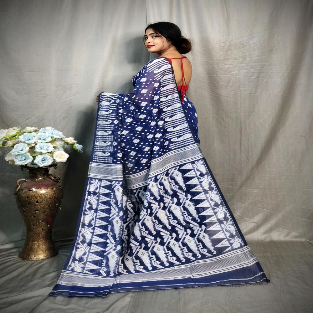 Blue White Color Soft Jamdani Korat Design Saree