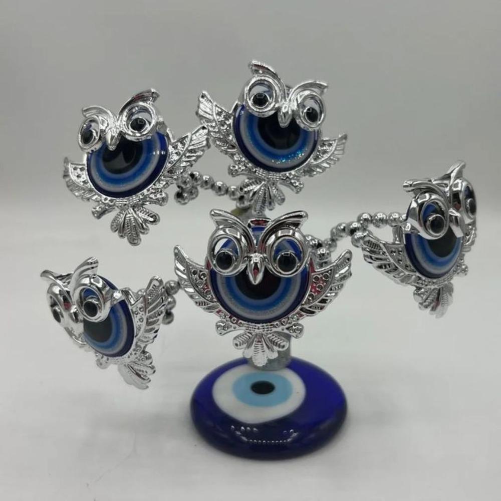Turkish Evil Eye Owl Tree | Blue Nazar Protection Charm For Feng Shui & Vastu | Lucky Owl Tree For Positive Energy & Home Decor - Color: Silver