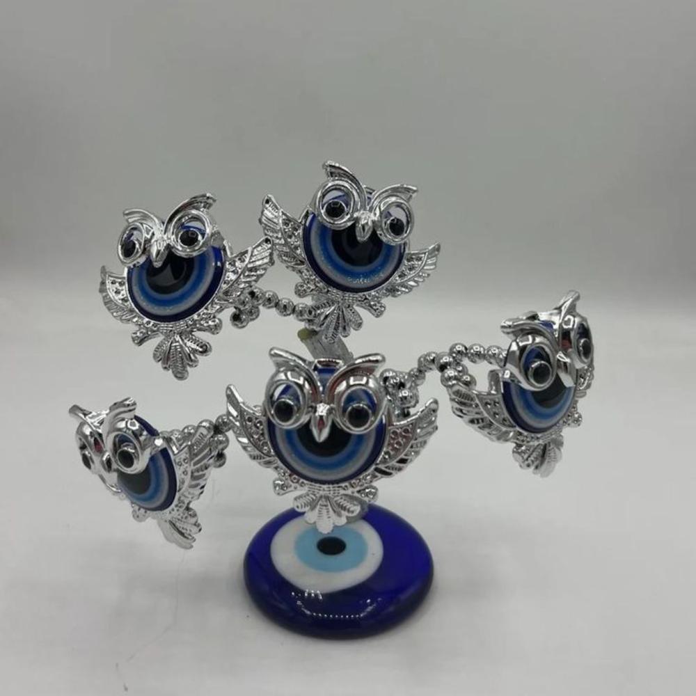 Turkish Evil Eye Owl Tree | Blue Nazar Protection Charm For Feng Shui & Vastu | Lucky Owl Tree For Positive Energy & Home Decor - Color: Silver