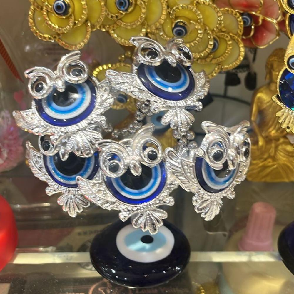 Turkish Evil Eye Owl Tree | Blue Nazar Protection Charm For Feng Shui & Vastu | Lucky Owl Tree For Positive Energy & Home Decor - Color: Silver