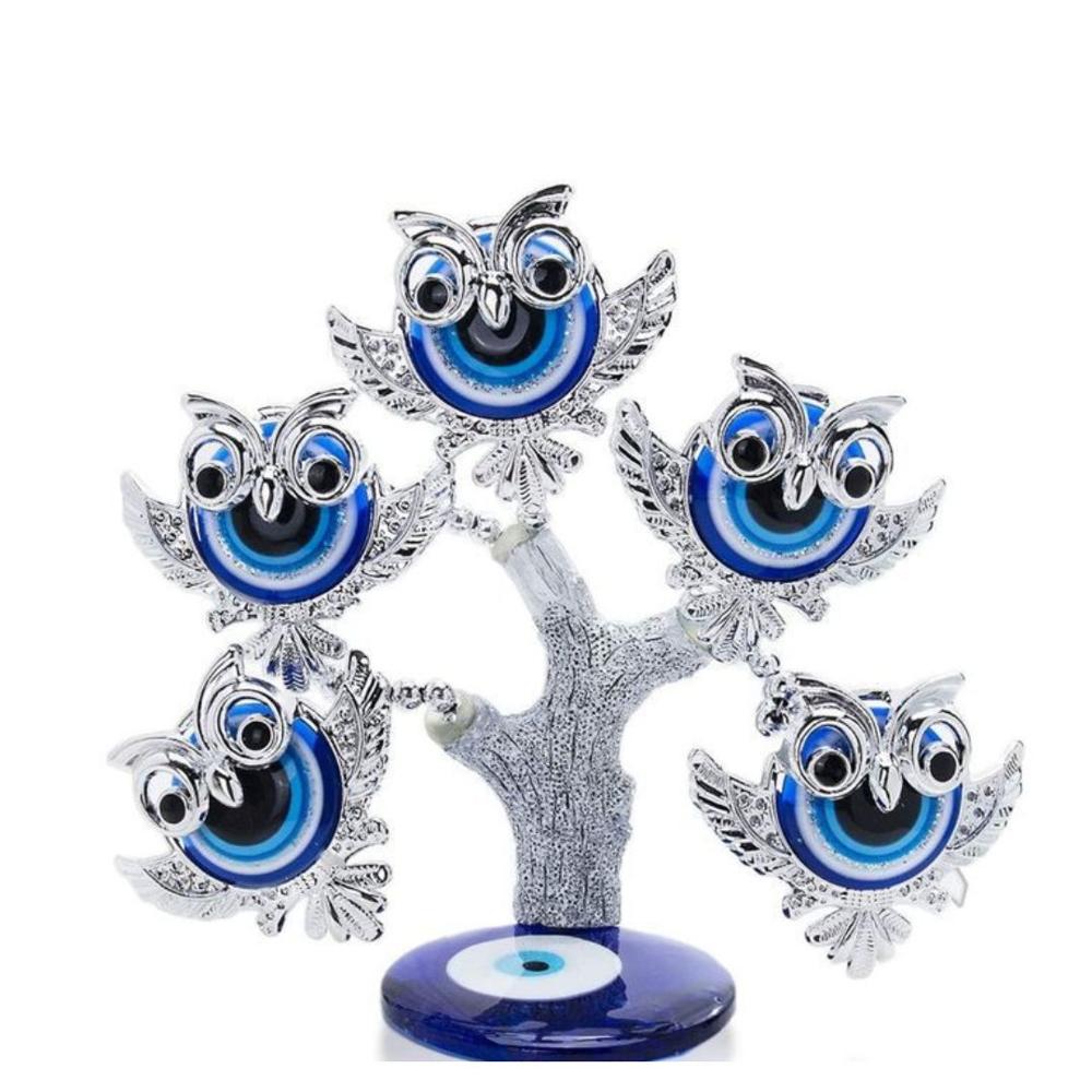 Turkish Evil Eye Owl Tree | Blue Nazar Protection Charm For Feng Shui & Vastu | Lucky Owl Tree For Positive Energy & Home Decor - Color: Silver