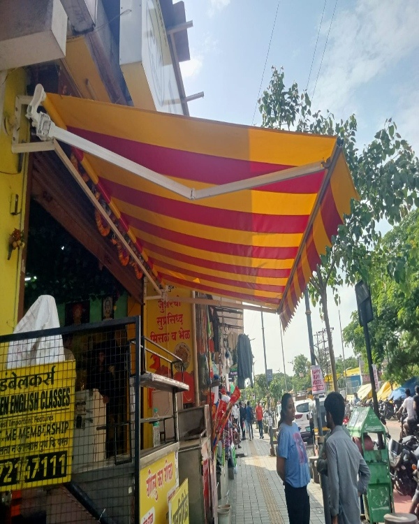 Openable Awnings For Shop - Metal Sheet And Steel, Vertical Open Style, Vibrant Red Color For Workshop Enhancement